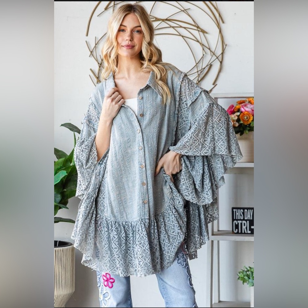 Oli & Hali Washed Lace Ruffle Front Shirt-Blue
